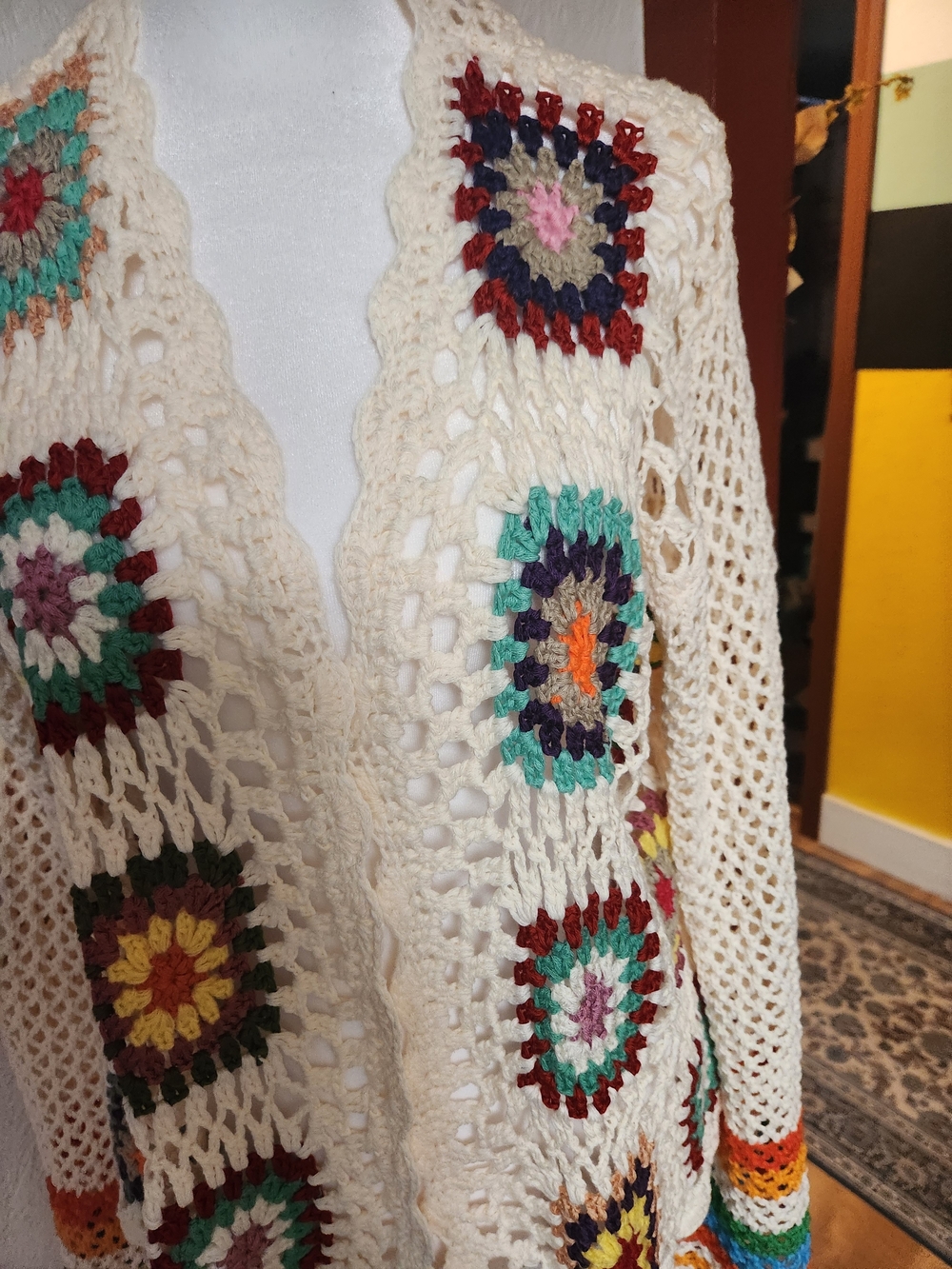 Retro Crochet Granny Square Open-Stitch Cardigan with Boho Rainbow Cuffs - Picture 2 of 8